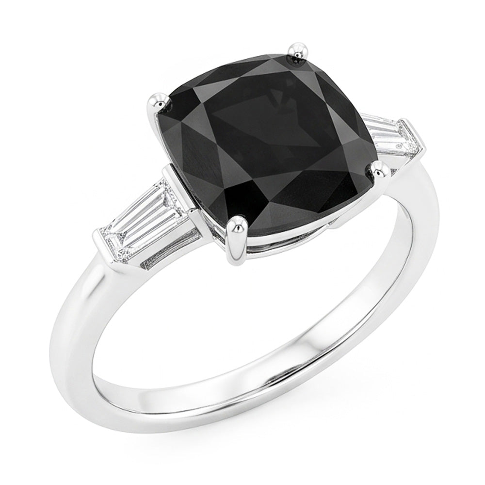 Anello di Fidanzamento a Tre Pietre con Diamante Scuro Autentico da 3,6 Carati Taglio a Cuscino e Baguette Nere in Oro Bianco 14K
