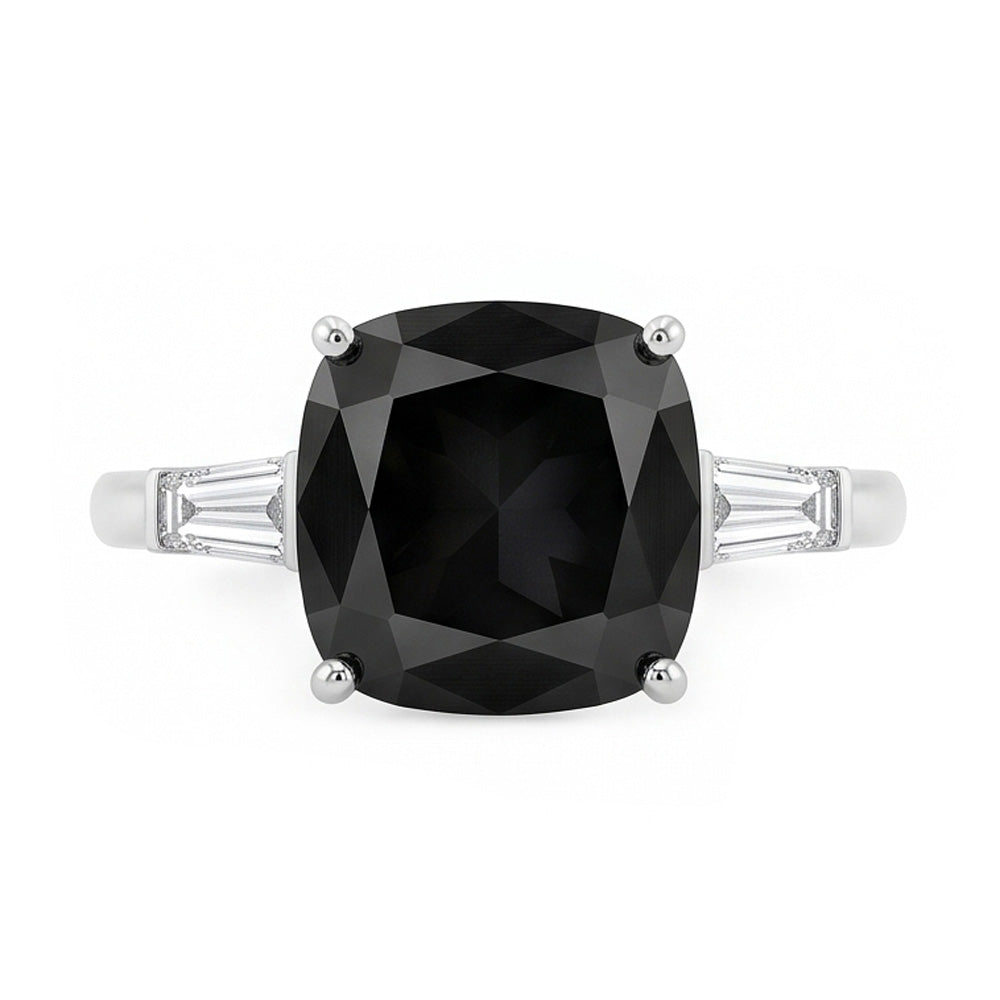 Anello di Fidanzamento a Tre Pietre con Diamante Scuro Autentico da 3,6 Carati Taglio a Cuscino e Baguette Nere in Oro Bianco 14K