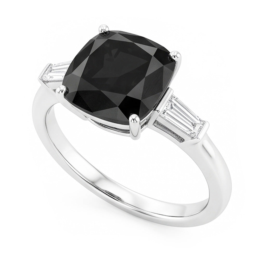 Anello di Fidanzamento a Tre Pietre con Diamante Scuro Autentico da 3,6 Carati Taglio a Cuscino e Baguette Nere in Oro Bianco 14K