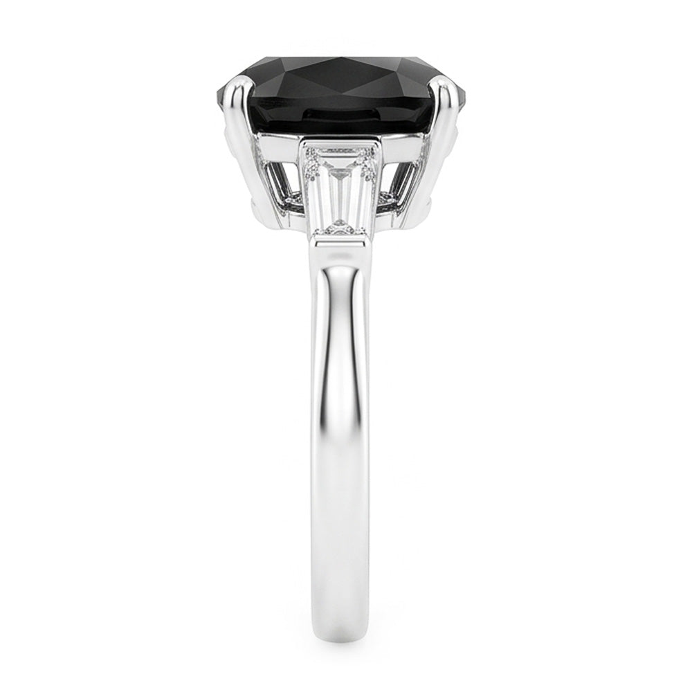 Anello di Fidanzamento a Tre Pietre con Diamante Scuro Autentico da 3,6 Carati Taglio a Cuscino e Baguette Nere in Oro Bianco 14K