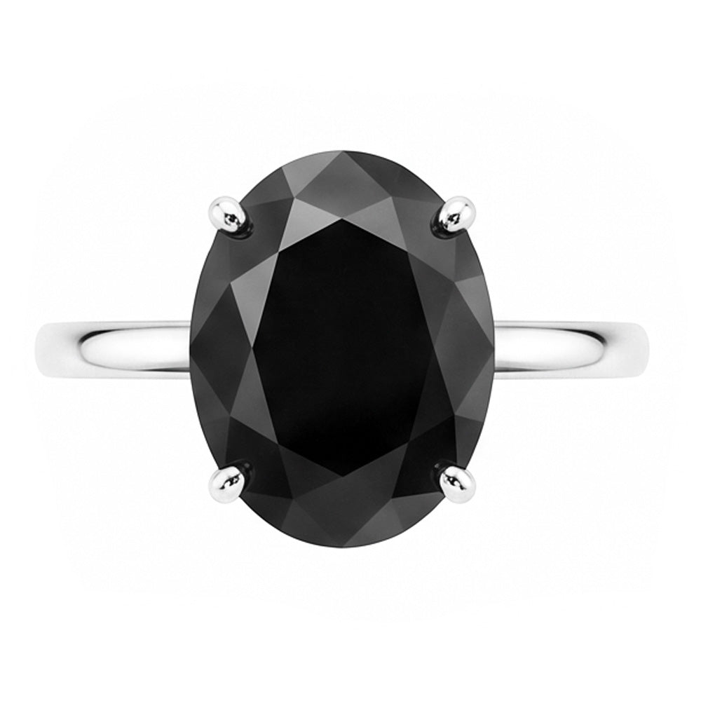 Anello di Fidanzamento Solitario Liscio con Diamante Ovale Nero Scuro Autentico da 5 Carati in Oro Bianco 14K