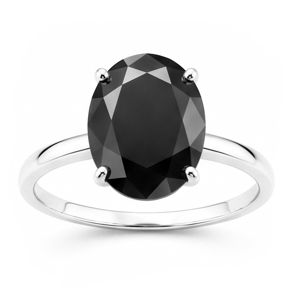 Anello di Fidanzamento Solitario Liscio con Diamante Ovale Nero Scuro Autentico da 5 Carati in Oro Bianco 14K