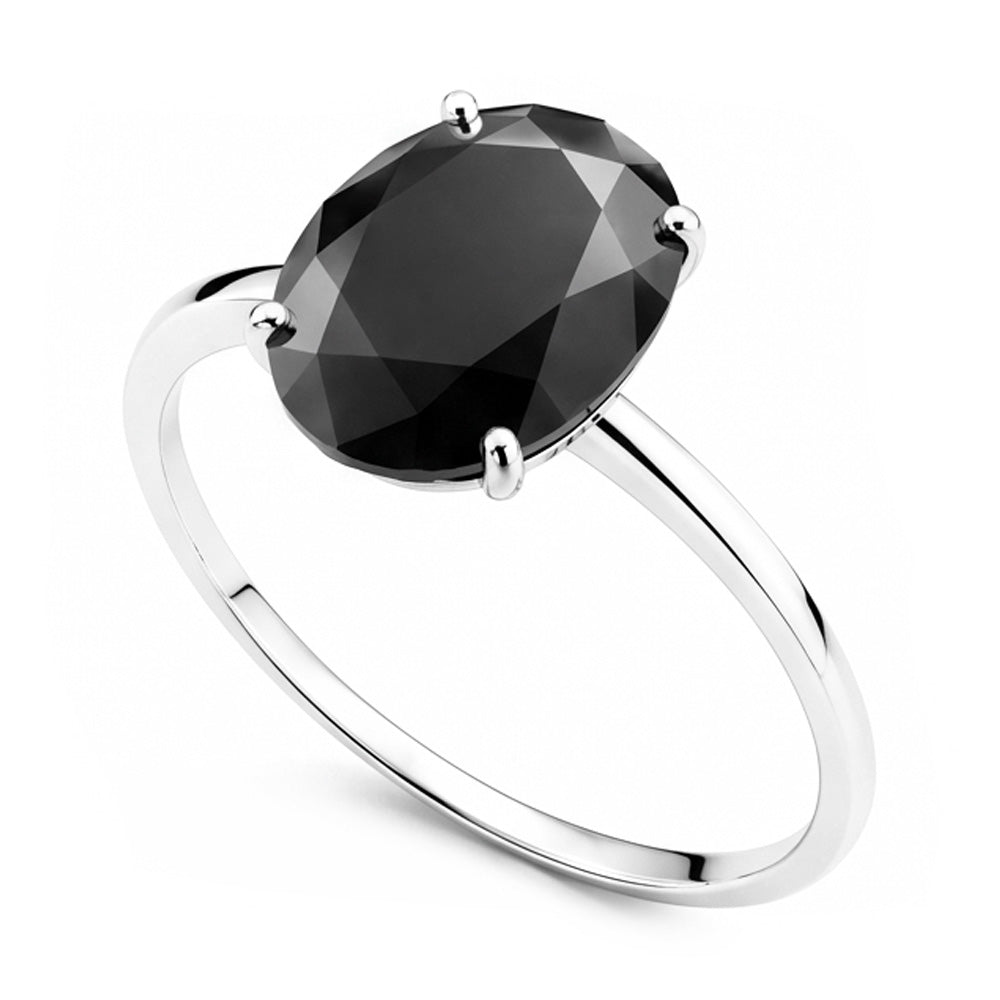 Anello di Fidanzamento Solitario Liscio con Diamante Ovale Nero Scuro Autentico da 5 Carati in Oro Bianco 14K