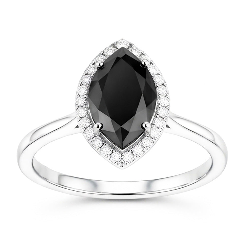 Anello di Fidanzamento con Diamante Scuro Naturale da 8 Carati Taglio Marquise Halo Nero in Oro Bianco 14K