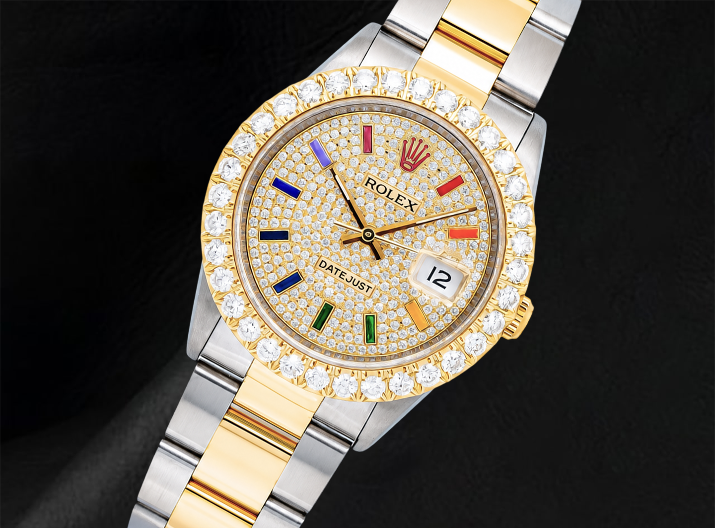 Rolex Datejust 16013 Orologio Bicolore 36 mm Quadrante con Pavé di Diamanti e Indici Arcobaleno