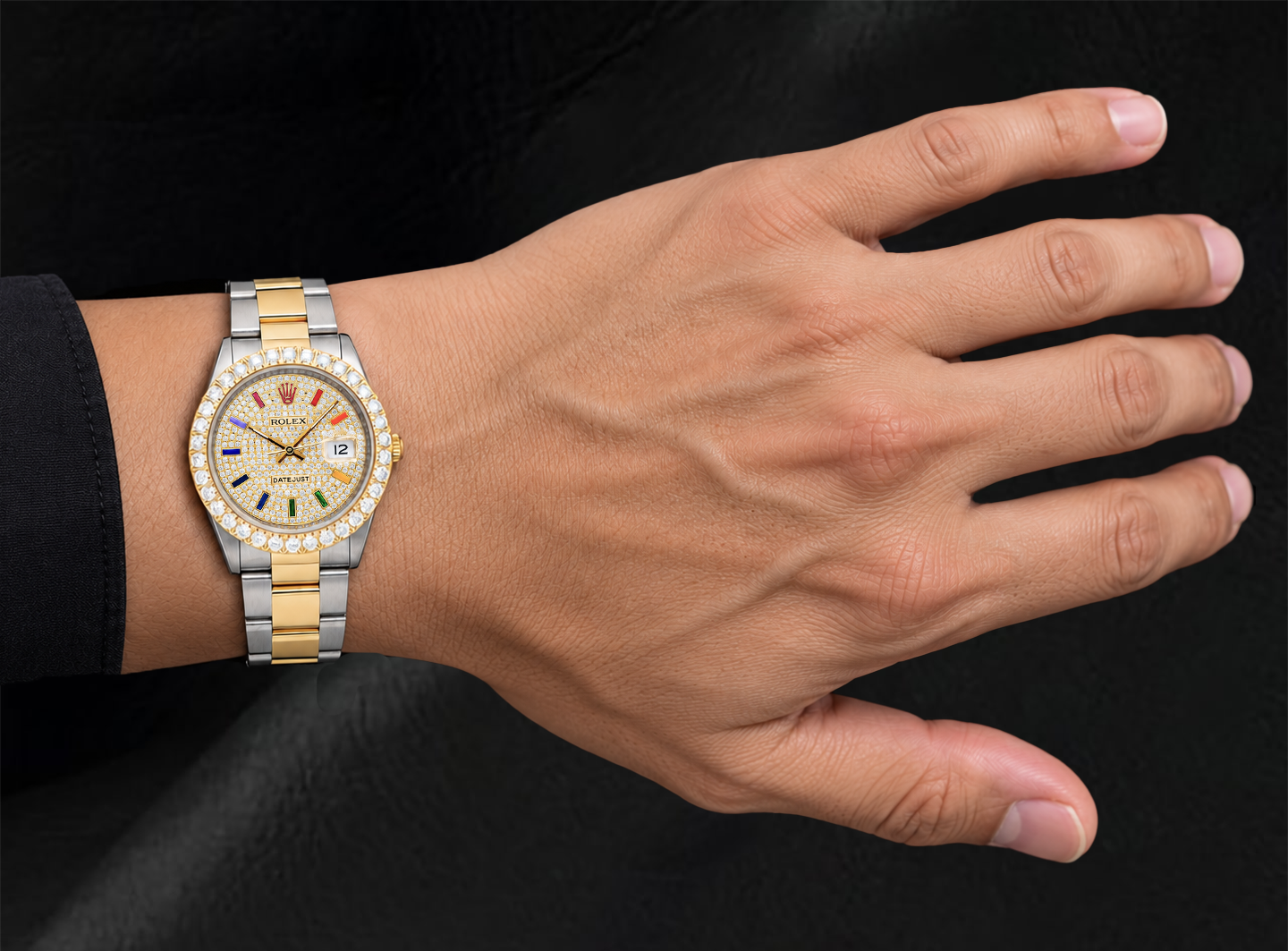 Rolex Datejust 16013 Orologio Bicolore 36 mm Quadrante con Pavé di Diamanti e Indici Arcobaleno