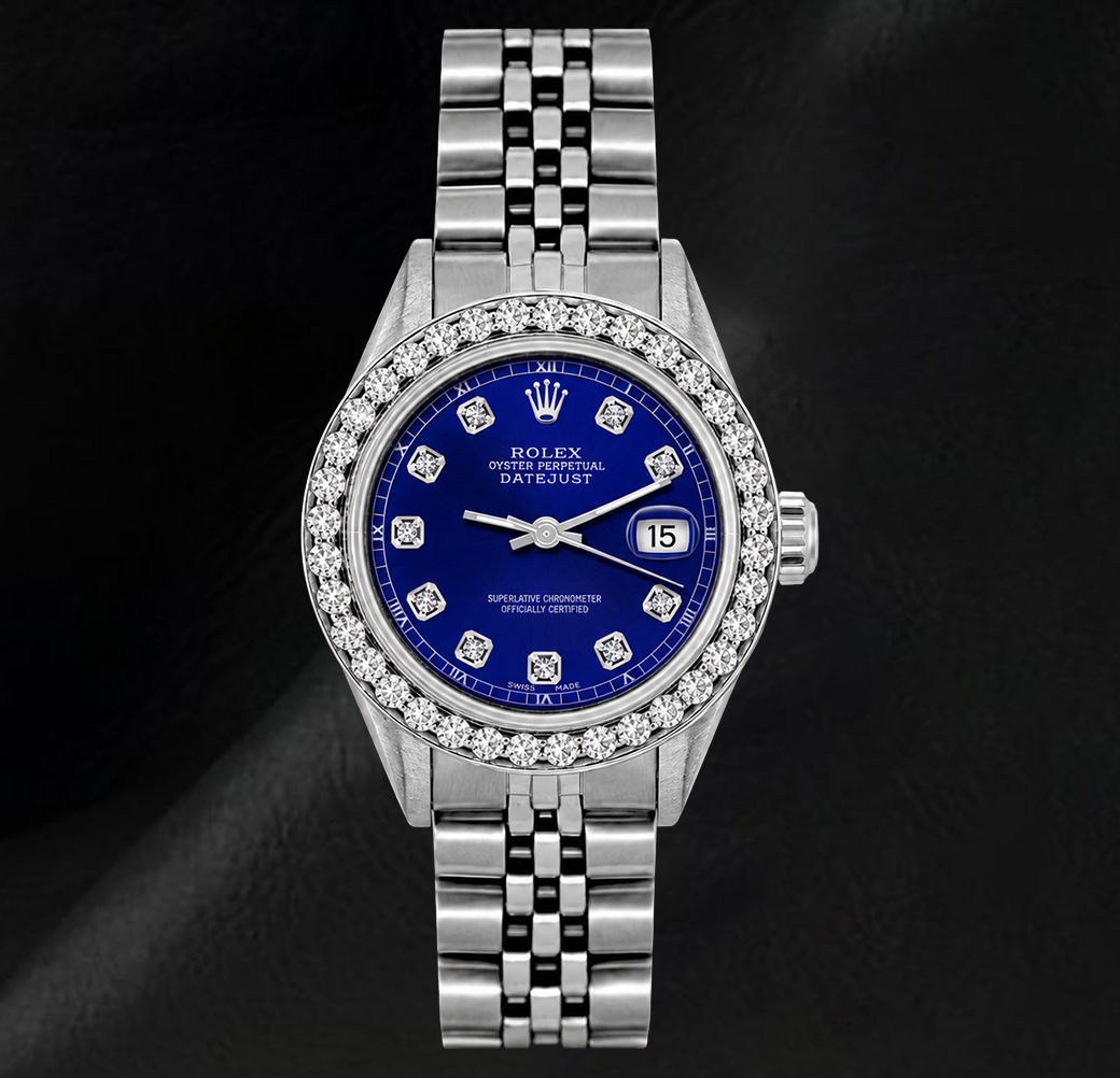 Orologio Rolex 6916 Datejust 26mm in Acciaio Inossidabile con Quadrante Blu con Diamanti e Lunetta con Diamanti