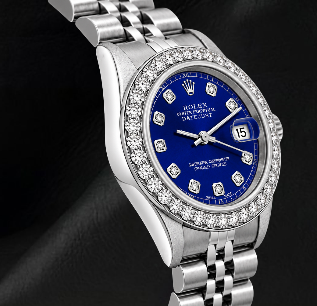 Orologio Rolex 6916 Datejust 26mm in Acciaio Inossidabile con Quadrante Blu con Diamanti e Lunetta con Diamanti