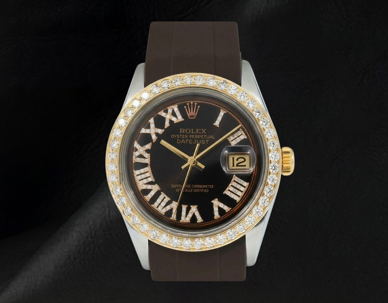 Orologio Rolex Datejust 1601 36 mm Quadrante con Diamanti Cioccolato Numeri Romani Cinturino in Gomma