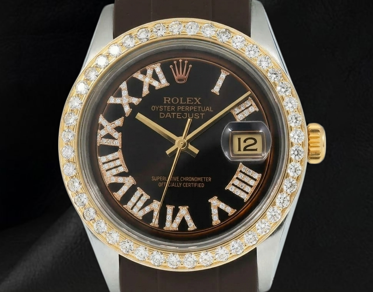 Orologio Rolex Datejust 1601 36 mm Quadrante con Diamanti Cioccolato Numeri Romani Cinturino in Gomma