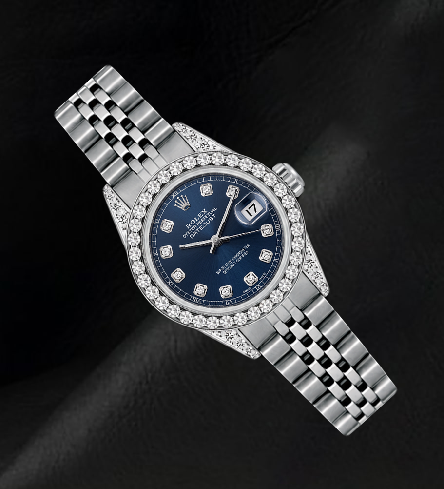 Orologio Rolex Datejust 6916 26mm in Acciaio Inossidabile con Quadrante Blu con Diamanti e Lunetta con Diamanti