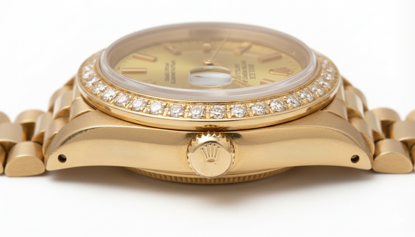 Datejust Rolex lunetta con diamanti orologio presidenziale champagne bastone quadrante oro
