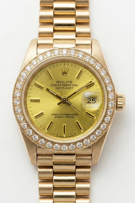 Datejust Rolex lunetta con diamanti orologio presidenziale champagne bastone quadrante oro
