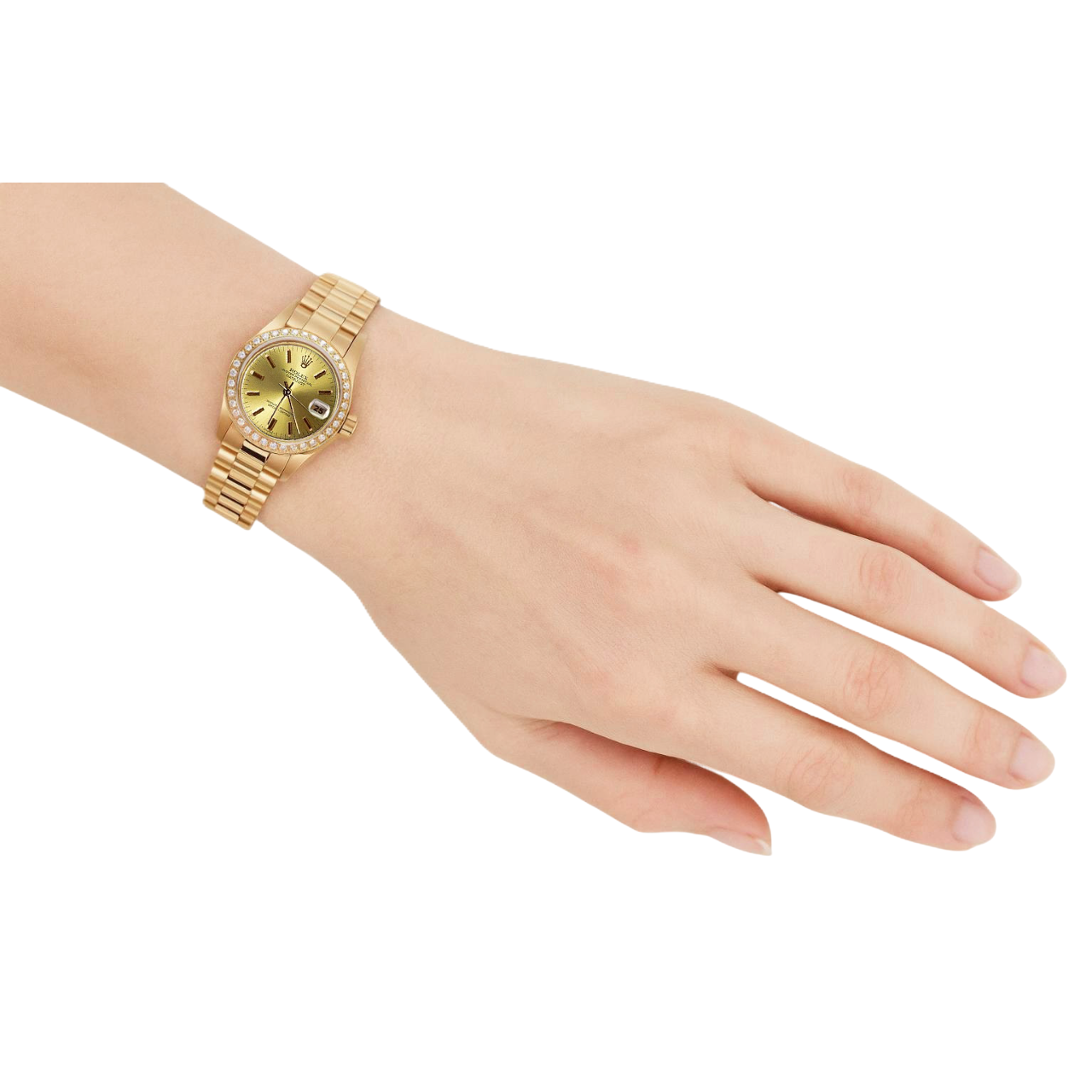 Datejust Rolex lunetta con diamanti orologio presidenziale champagne bastone quadrante oro P2