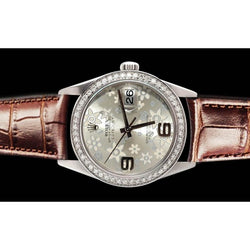 Datejust Rolex lunetta con diamanti uomo donna orologio marrone pelle argento fiore set rapido
