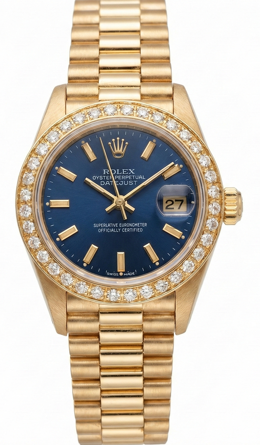 Datejust  Rolex orologio stile presidenziale quadrante blu con lunetta in diamanti