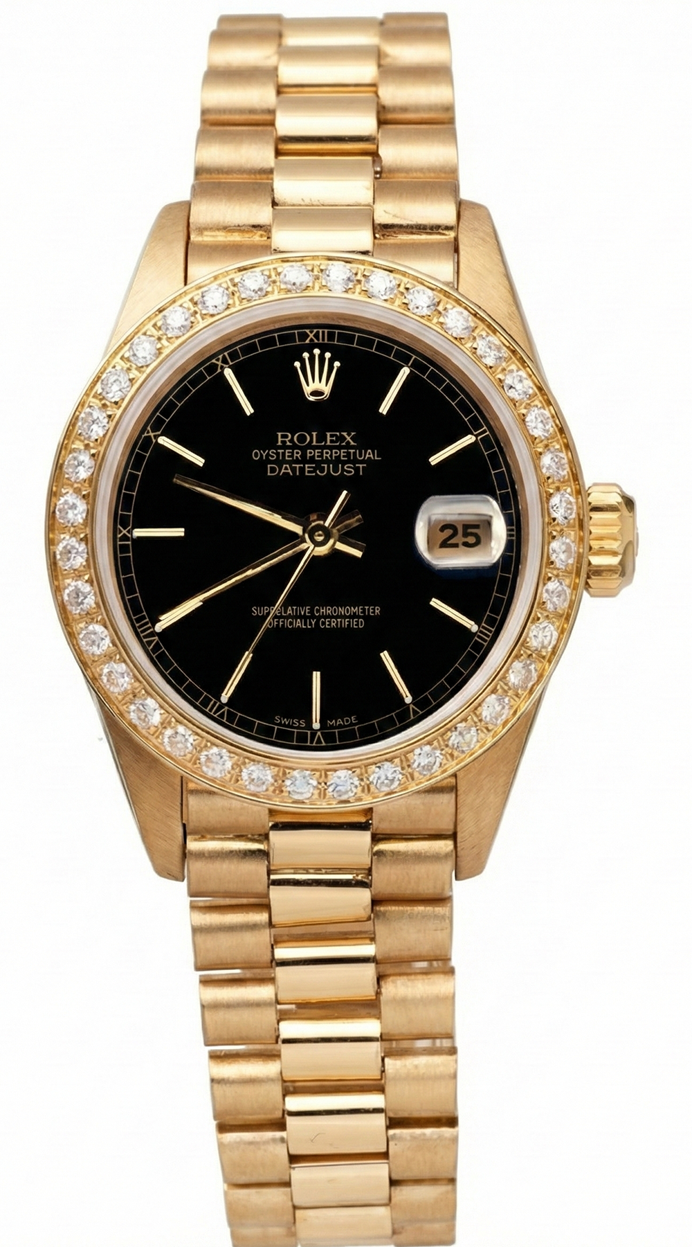 Datejust Rolex quadrante nero con bastone orologio presidenziale lunetta in oro con diamanti