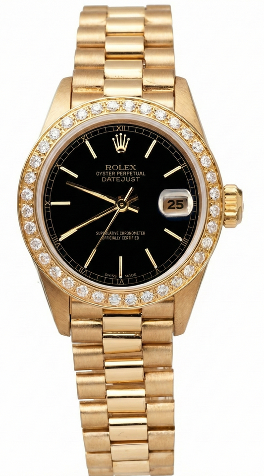 Datejust Rolex quadrante nero con bastone orologio presidenziale lunetta in oro con diamanti