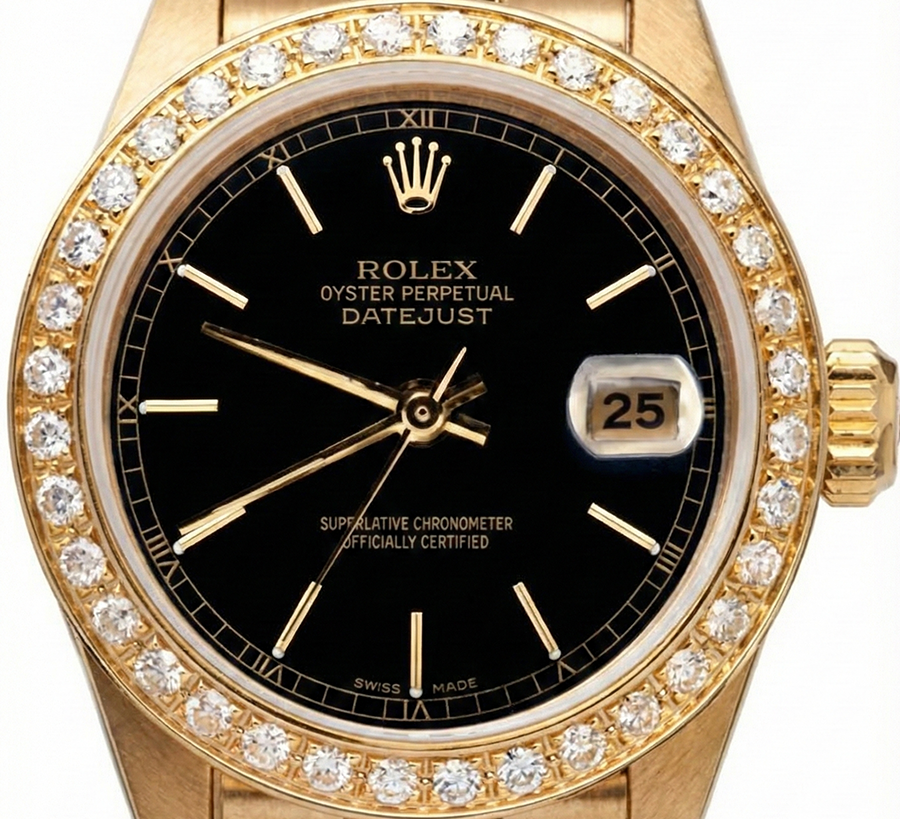 Datejust Rolex quadrante nero con bastone orologio presidenziale lunetta in oro con diamanti