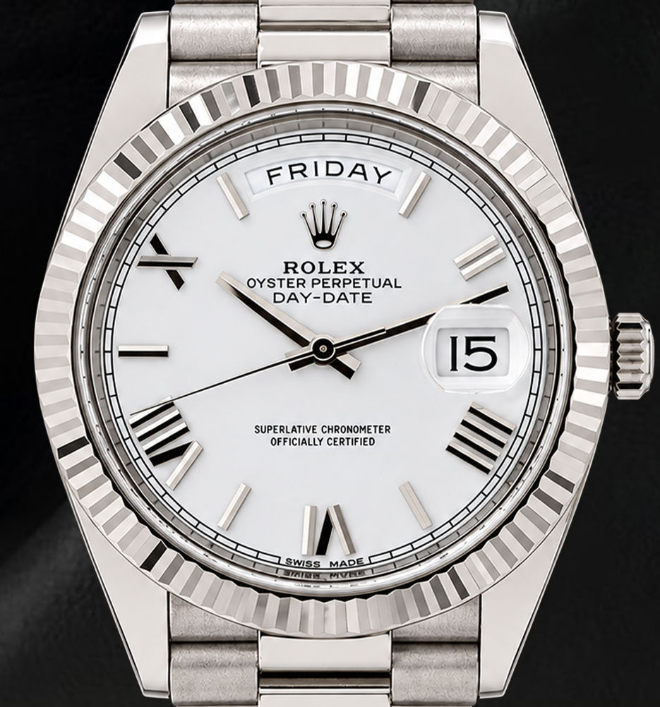 Orologio Rolex Day-Date 228239 40 mm Quadrante Bianco con Numeri Romani in Oro Bianco 18K