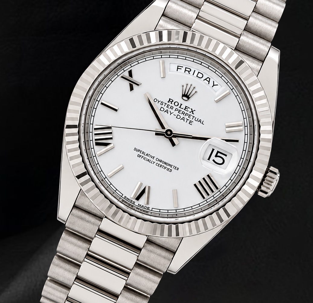 Orologio Rolex Day-Date 228239 40 mm Quadrante Bianco con Numeri Romani in Oro Bianco 18K