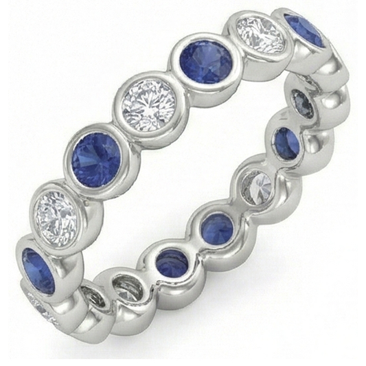 Diamante Naturale Autentico ( non creato in laboratorio ) Banda Eternità 2 Carati Castone Rotondo Zaffiro Blu Da Donna