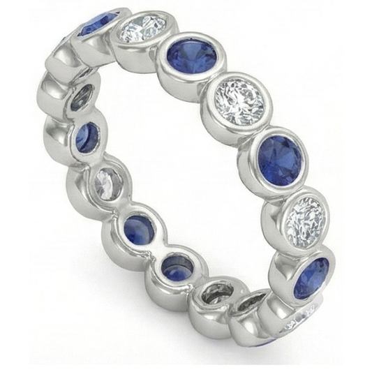 Diamante Naturale Autentico ( non creato in laboratorio ) Banda Eternità 2 Carati Castone Rotondo Zaffiro Blu Da Donna