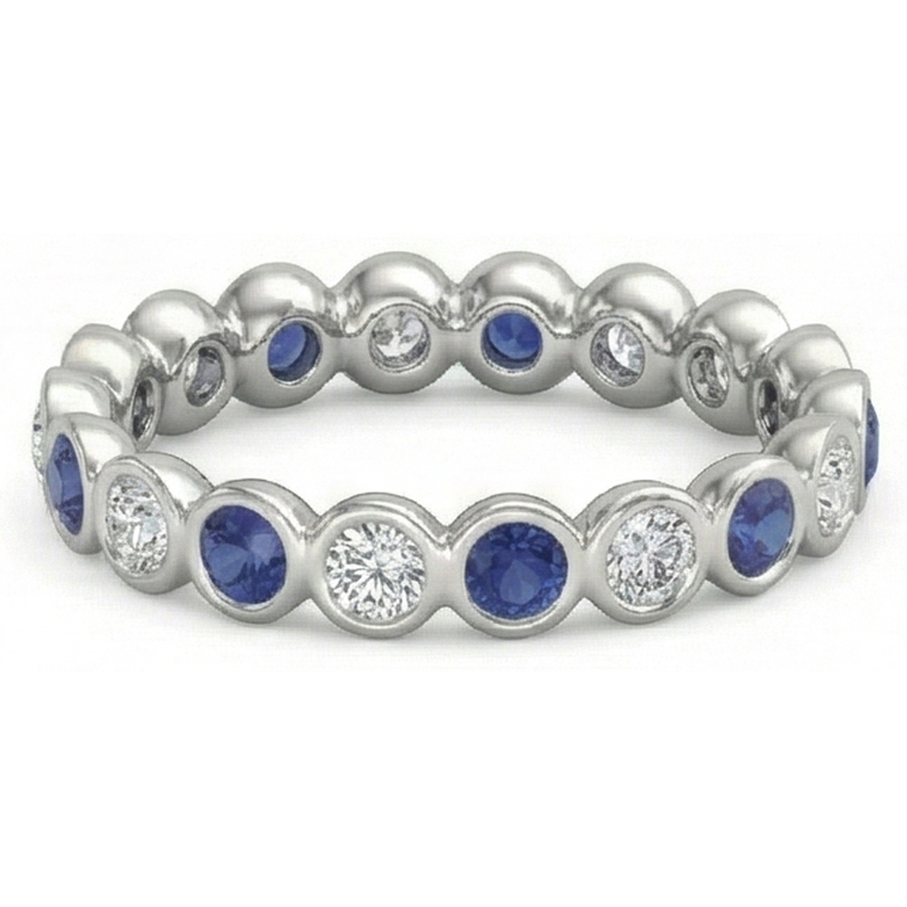 Diamante Naturale Autentico ( non creato in laboratorio ) Banda Eternità 2 Carati Castone Rotondo Zaffiro Blu Da Donna