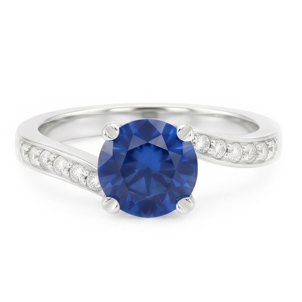 Diamante Naturale Autentico ( non creato in laboratorio ) zaffiro blu taglio rotondo da 1,25 ct con anello Ceylon in oro bianco 14K