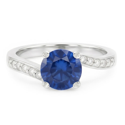 Diamante Naturale Autentico ( non creato in laboratorio ) zaffiro blu taglio rotondo da 1,25 ct con anello Ceylon in oro bianco 14K