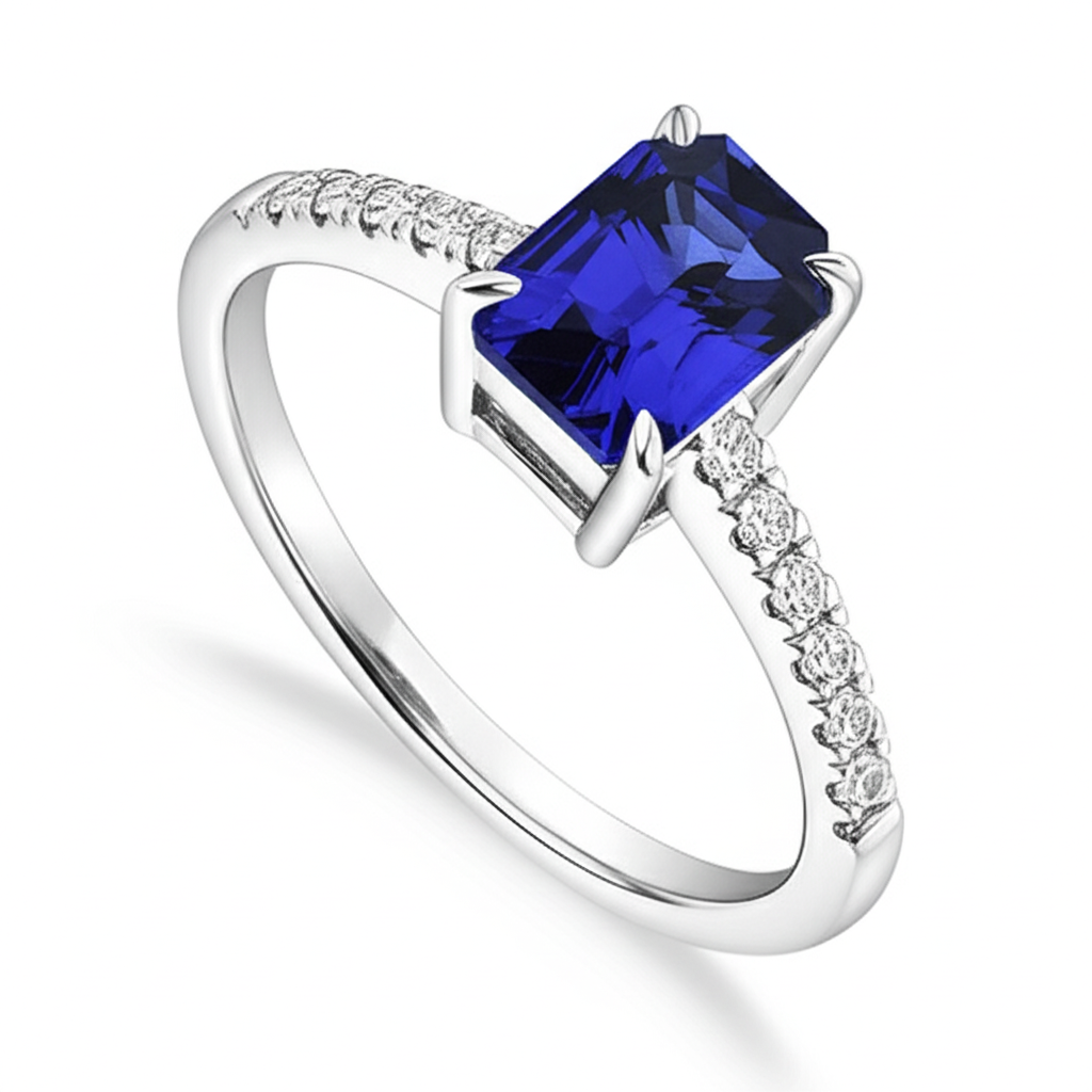 Diamante Solitaire Accenti Anello Smeraldo Blu Zaffiro 4 Carati