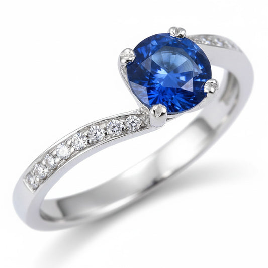 Diamante Naturale Autentico ( non creato in laboratorio ) zaffiro blu taglio rotondo da 1,25 ct con anello Ceylon in oro bianco 14K