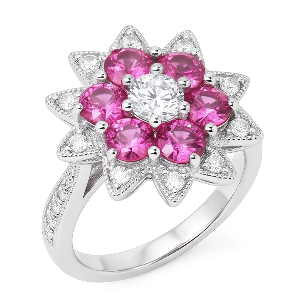 Diamanti Naturali Autentici ( non creati in laboratorio ) e zaffiri rosa 1.15 ct. Anello Stile Fiore Oro Bianco 14K