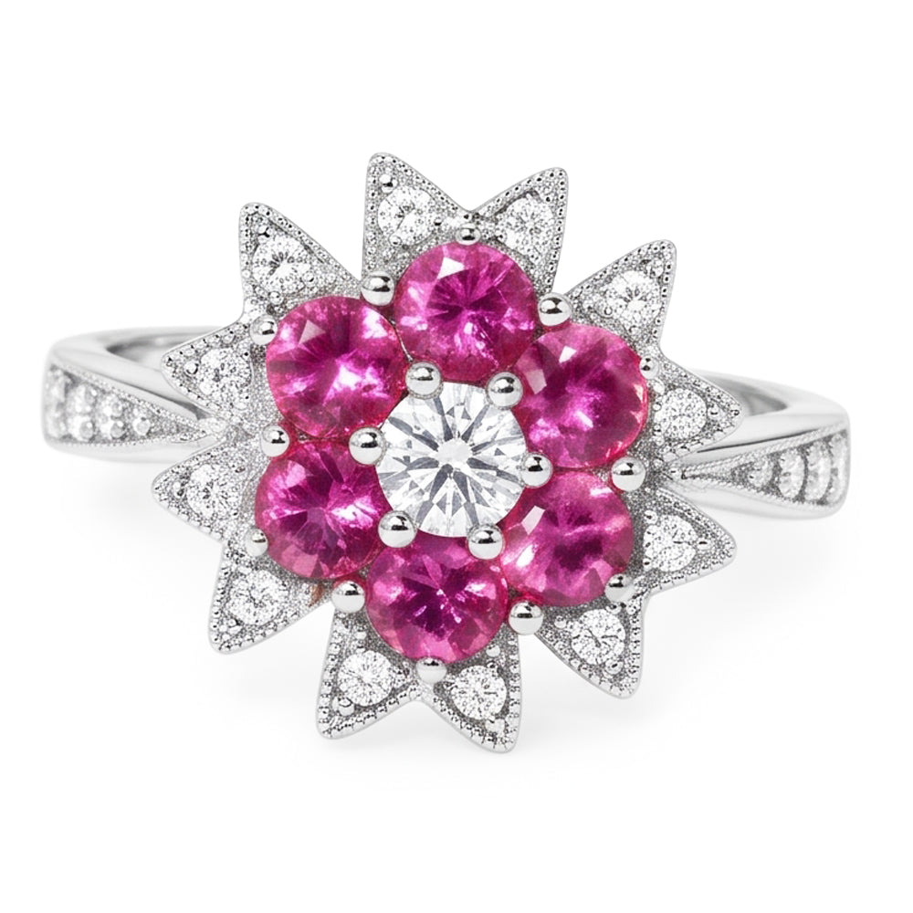 Diamanti Naturali Autentici ( non creati in laboratorio ) e zaffiri rosa 1.15 ct. Anello Stile Fiore Oro Bianco 14K