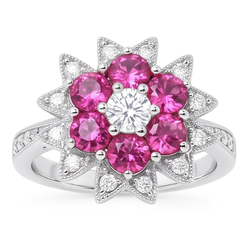 Diamanti Naturali Autentici ( non creati in laboratorio ) e zaffiri rosa 1.15 ct. Anello Stile Fiore Oro Bianco 14K