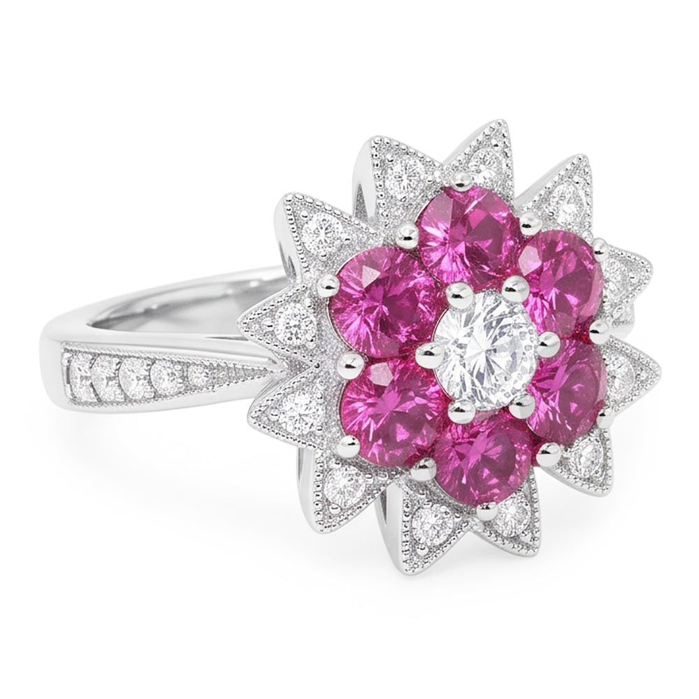 Diamanti Naturali Autentici ( non creati in laboratorio ) e zaffiri rosa 1.15 ct. Anello Stile Fiore Oro Bianco 14K
