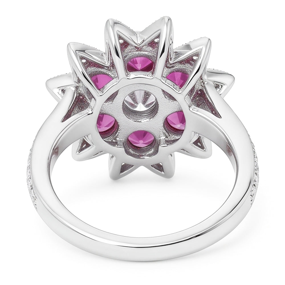 Diamanti Naturali Autentici ( non creati in laboratorio ) e zaffiri rosa 1.15 ct. Anello Stile Fiore Oro Bianco 14K