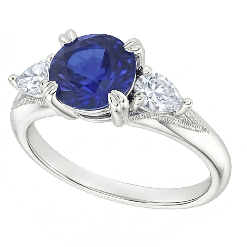 Diamanti Naturali Autentici ( non creati in laboratorio ) pera da 1,50 carati Anello rotondo in zaffiro con 3 pietre di zaffiro blu e oro bianco 14K