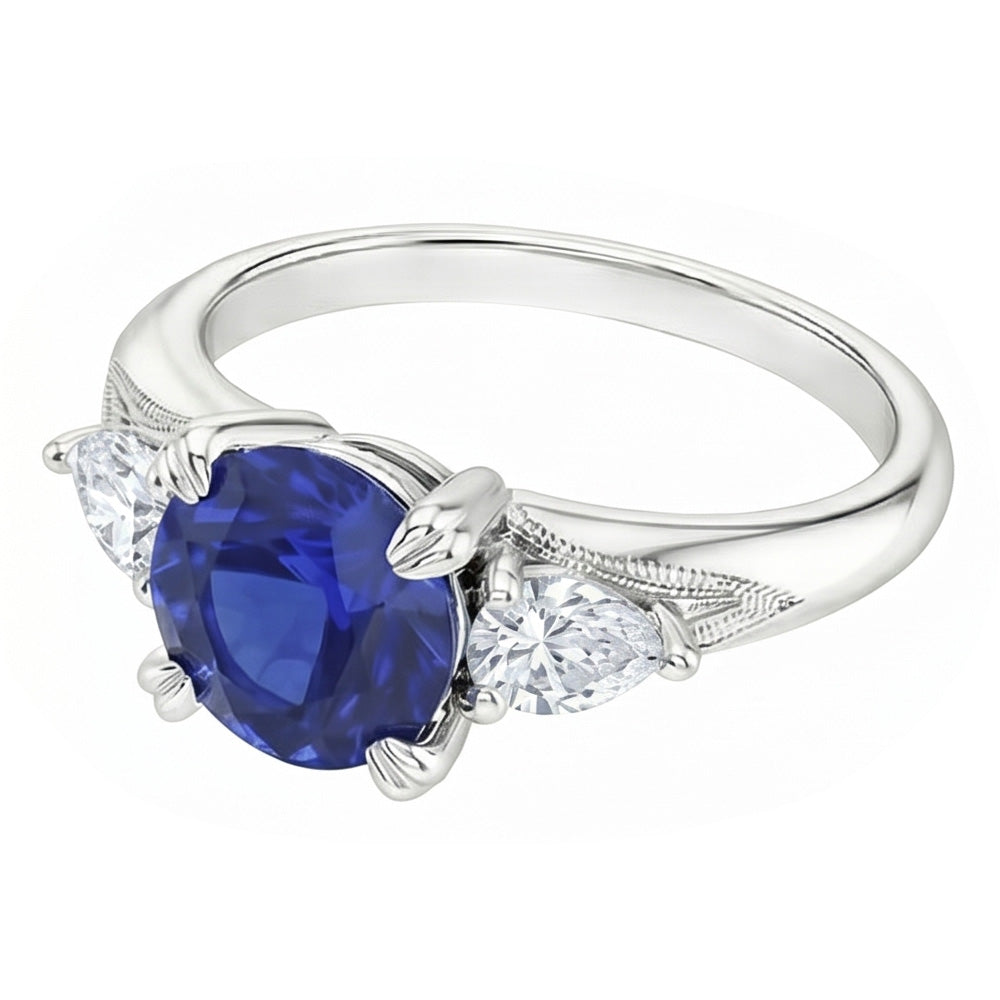 Diamanti Naturali Autentici ( non creati in laboratorio ) pera da 1,50 carati Anello rotondo in zaffiro con 3 pietre di zaffiro blu e oro bianco 14K