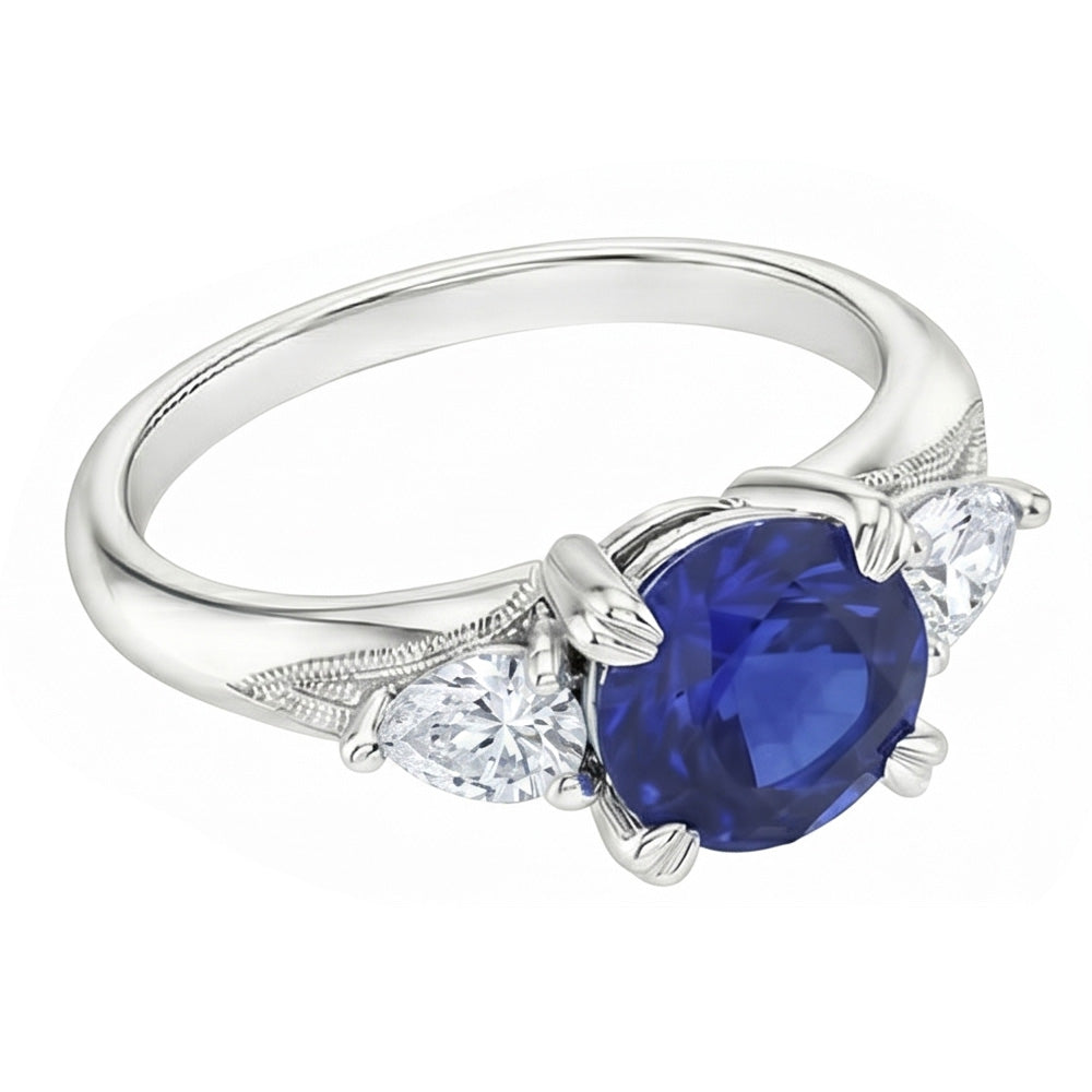 Diamanti Naturali Autentici ( non creati in laboratorio ) pera da 1,50 carati Anello rotondo in zaffiro con 3 pietre di zaffiro blu e oro bianco 14K