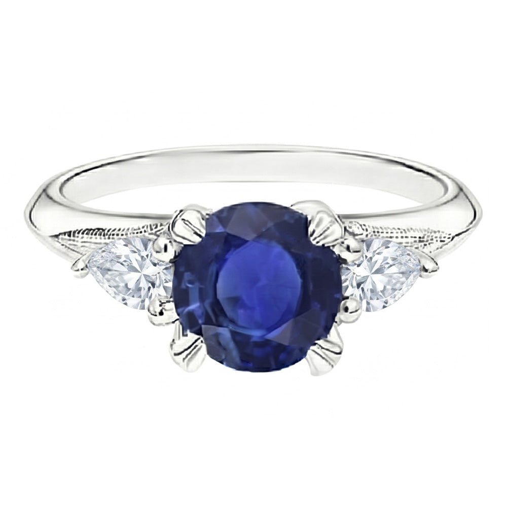 Diamanti Naturali Autentici ( non creati in laboratorio ) pera da 1,50 carati Anello rotondo in zaffiro con 3 pietre di zaffiro blu e oro bianco 14K