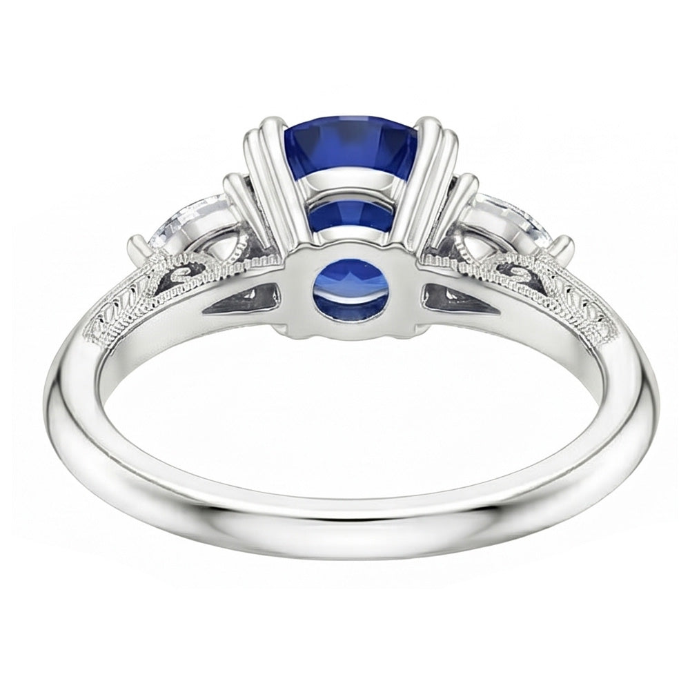 Diamanti Naturali Autentici ( non creati in laboratorio ) pera da 1,50 carati Anello rotondo in zaffiro con 3 pietre di zaffiro blu e oro bianco 14K