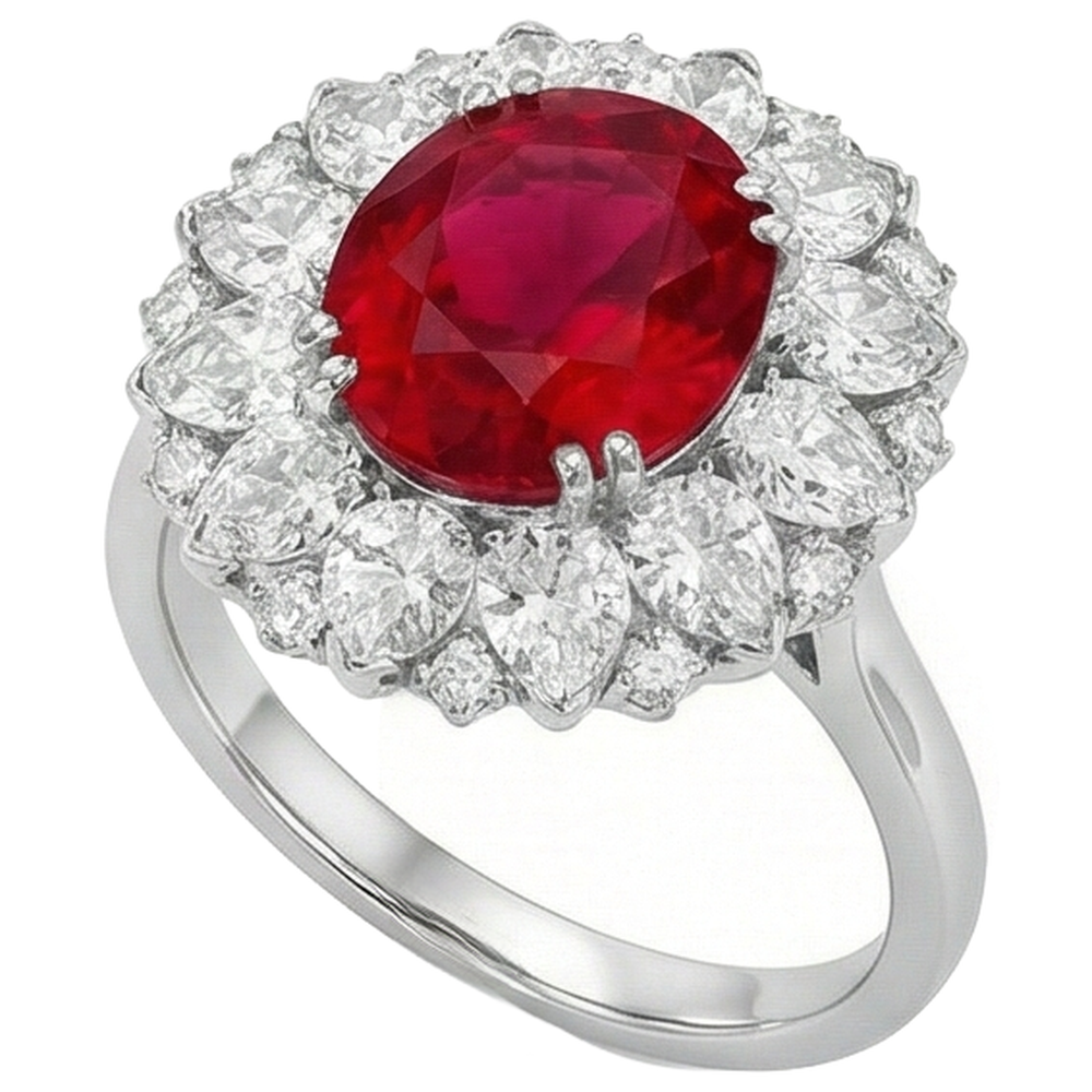 Diamanti rotondi e taglio a pera con anello in rubino da 17.75 ct in oro bianco 14 carati