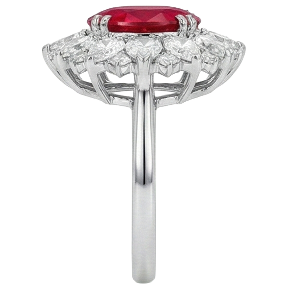 Diamanti rotondi e taglio a pera con anello in rubino da 17.75 ct in oro bianco 14 carati