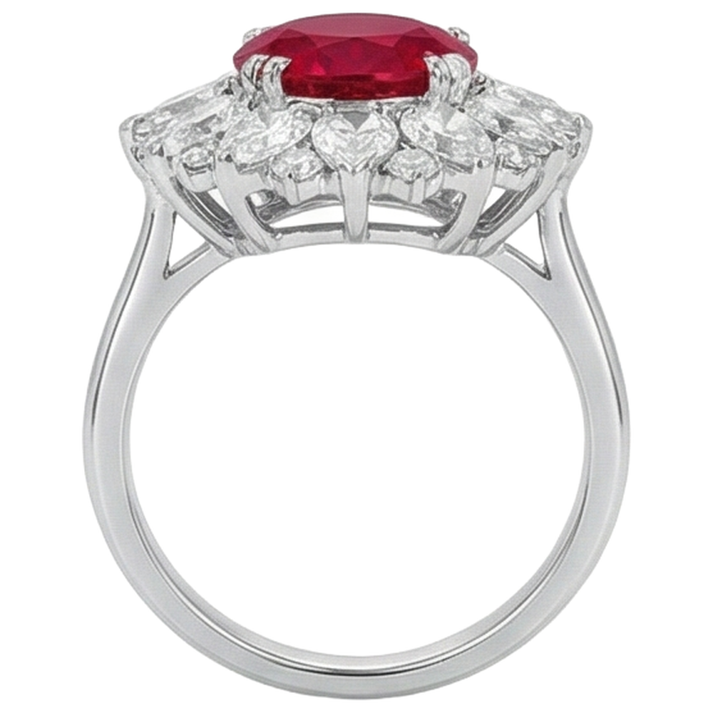Diamanti rotondi e taglio a pera con anello in rubino da 17.75 ct in oro bianco 14 carati