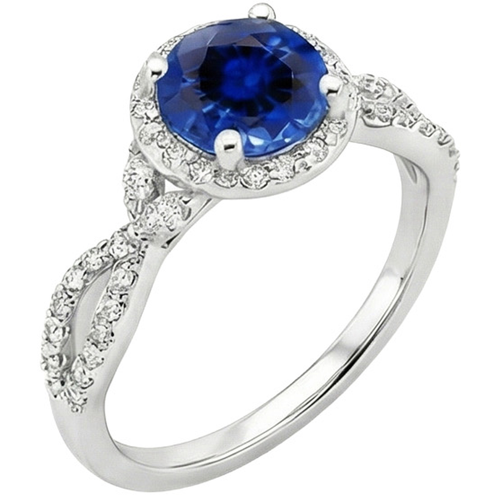 Diamond Halo Jewelry Deep Blue Sapphire Split Shank Prong Set 3 carati
