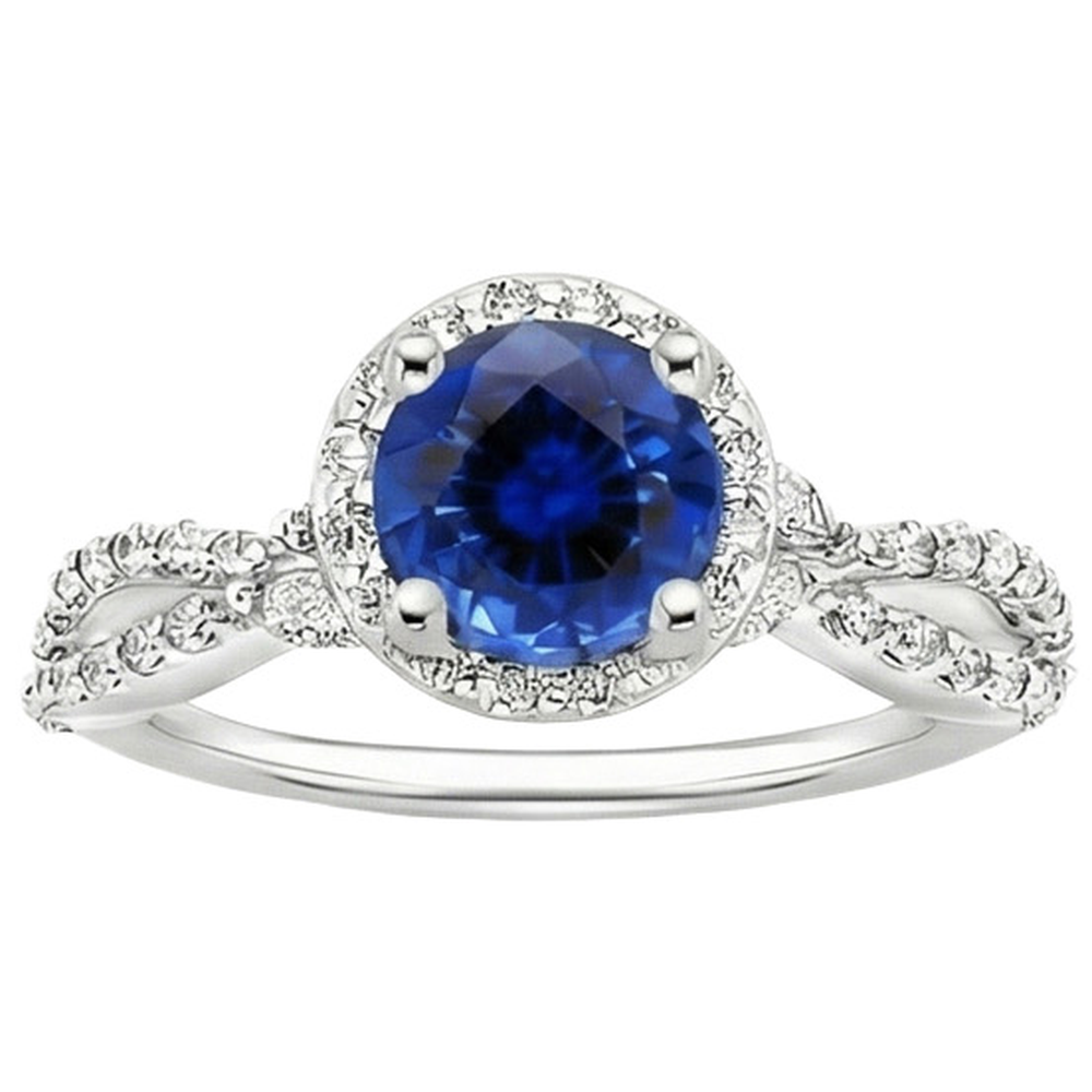 Diamond Halo Jewelry Deep Blue Sapphire Split Shank Prong Set 3 carati