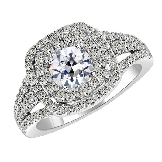 Diamante Fine Taglio Old Mine Anello con Pavé Halo in Oro Bianco 14K – vista principale
