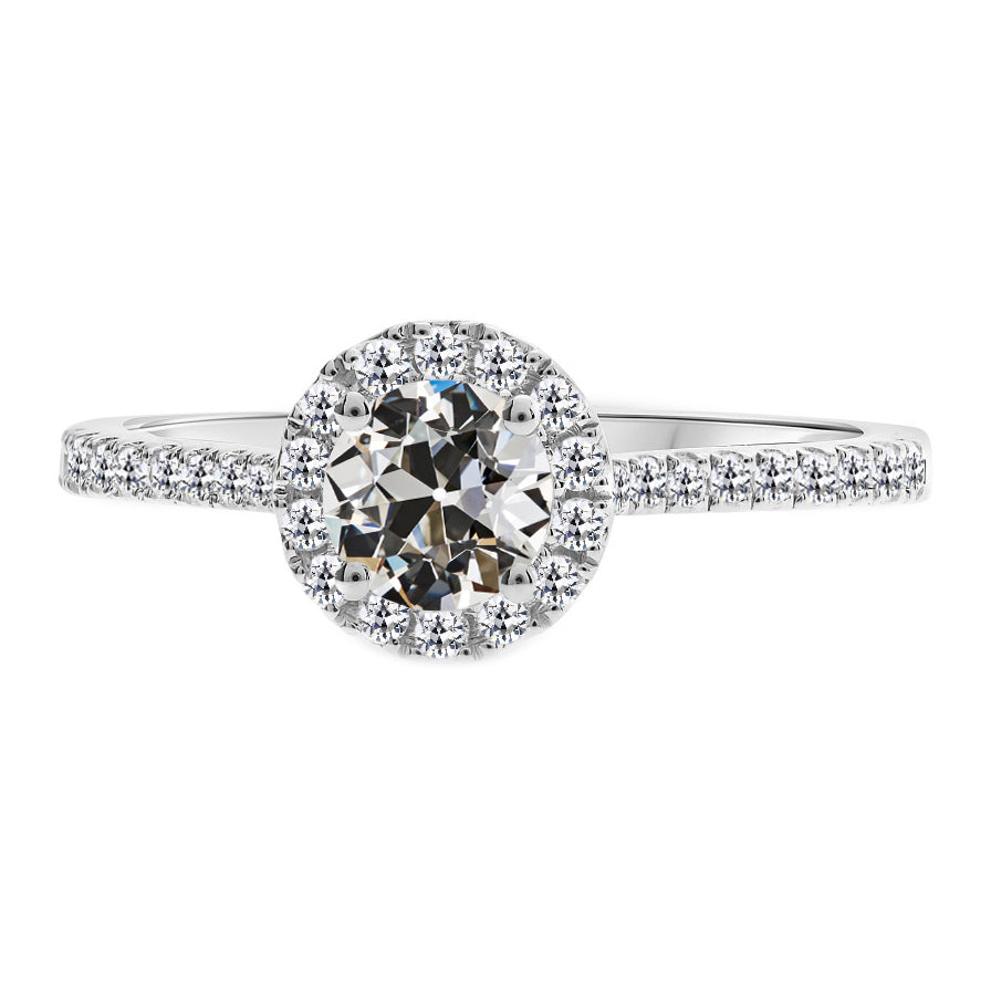Diamante Fine Cuscino Antico Anello con Pavé Halo in Oro Bianco 14K – vista principale