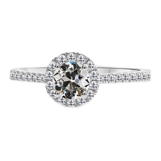 Diamante Fine Cuscino Antico Anello con Pavé Halo in Oro Bianco 14K – vista principale